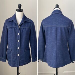 Vintage 70s Leisure Suit Button Jacket Dagger Pointed Collar Blue White S